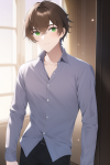 Male, brown hair, green eyes, lavender-colored long-sleeve shirt s-715164684.png